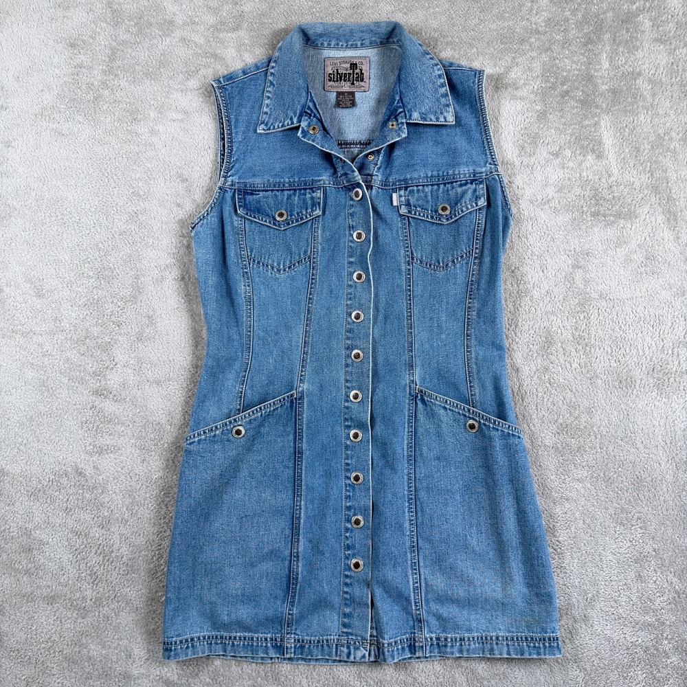Vintage Levis SilverTab Dress Womens Medium Blue Jean Denim Metal Snap Pockets *
